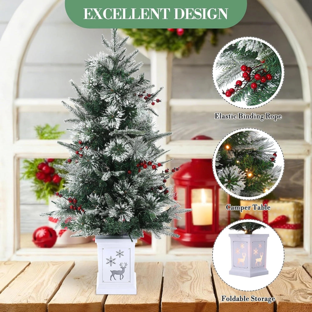 Set 2 Alberi di Natale Innevati 92cm con 78 LED Luce Calda Bacche Rosse e Base Cervo