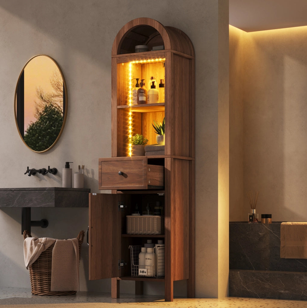 Mobile bagno alto 163 cm con LED RGB, ante reversibili, cassetto, chiusura soft-close, finitura noce 40×30×163 cm