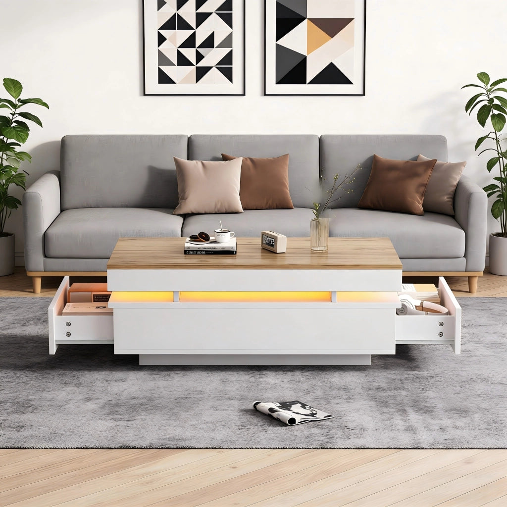Tavolino da salotto con LED 100x50x35 cm componibile 2 cassetti legno e bianco
