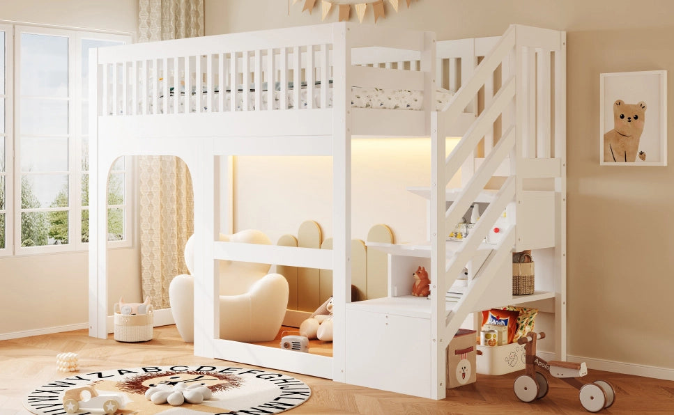 Letto a soppalco per bambini 90x200 cm in legno con scala contenitore, LED, ringhiera di sicurezza, spazio giochi e arancio bianco