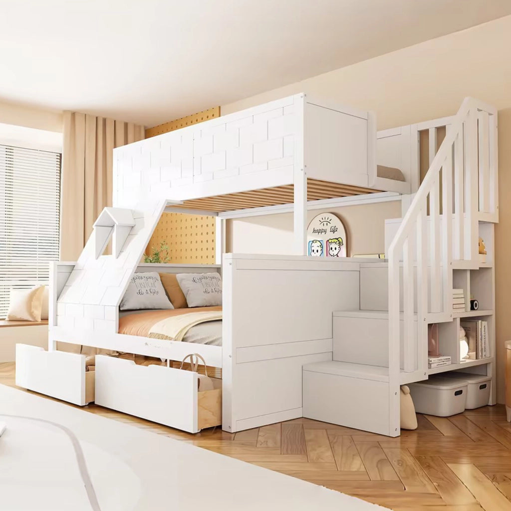 Letto a castello con scala di sicurezza cassetti e finestra legno bianco 90x200 140x200 cm