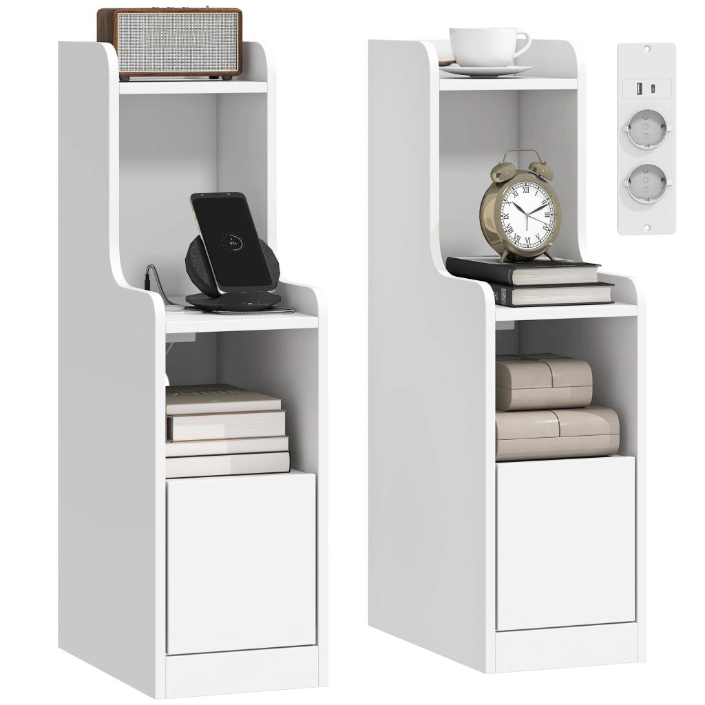 Lot de 2 Tables de Chevet avec Station de Charge, Tables de Nuit Modernes avec Tiroir, Étagères Ouvertes, Blanc
