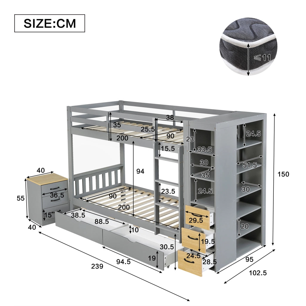 Letto a Castello Bambini LEMONMAX 90x200 cm con 2 Cassetti, Mobile Laterale con Ripiani, Scala Integrata e Comodino Modulare, Legno e MDF