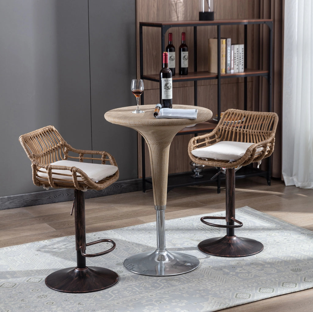 Set 2 sgabelli da bar regolabili e girevoli 360° con braccioli; lino e rattan PE; beige