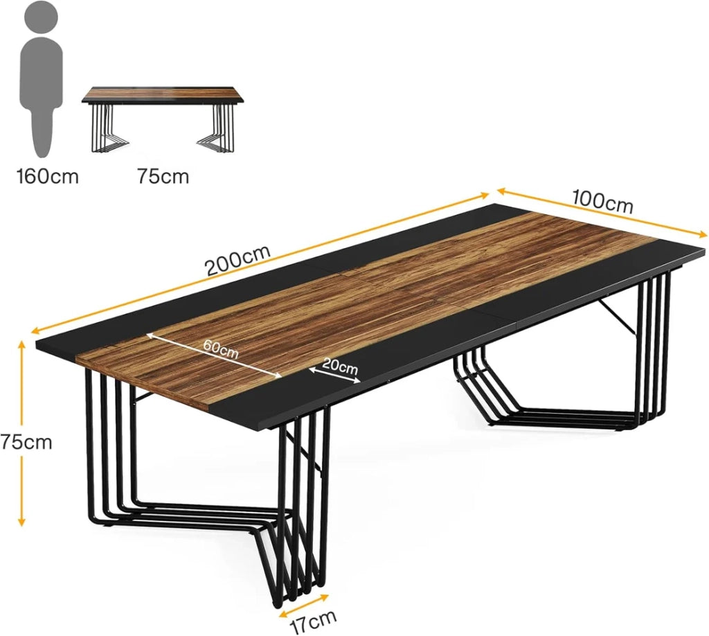 Tavolo da pranzo rettangolare per 8 persone, per riunioni, in MDF e metallo, marrone rustico e nero, 200 × 100 × 75 cm