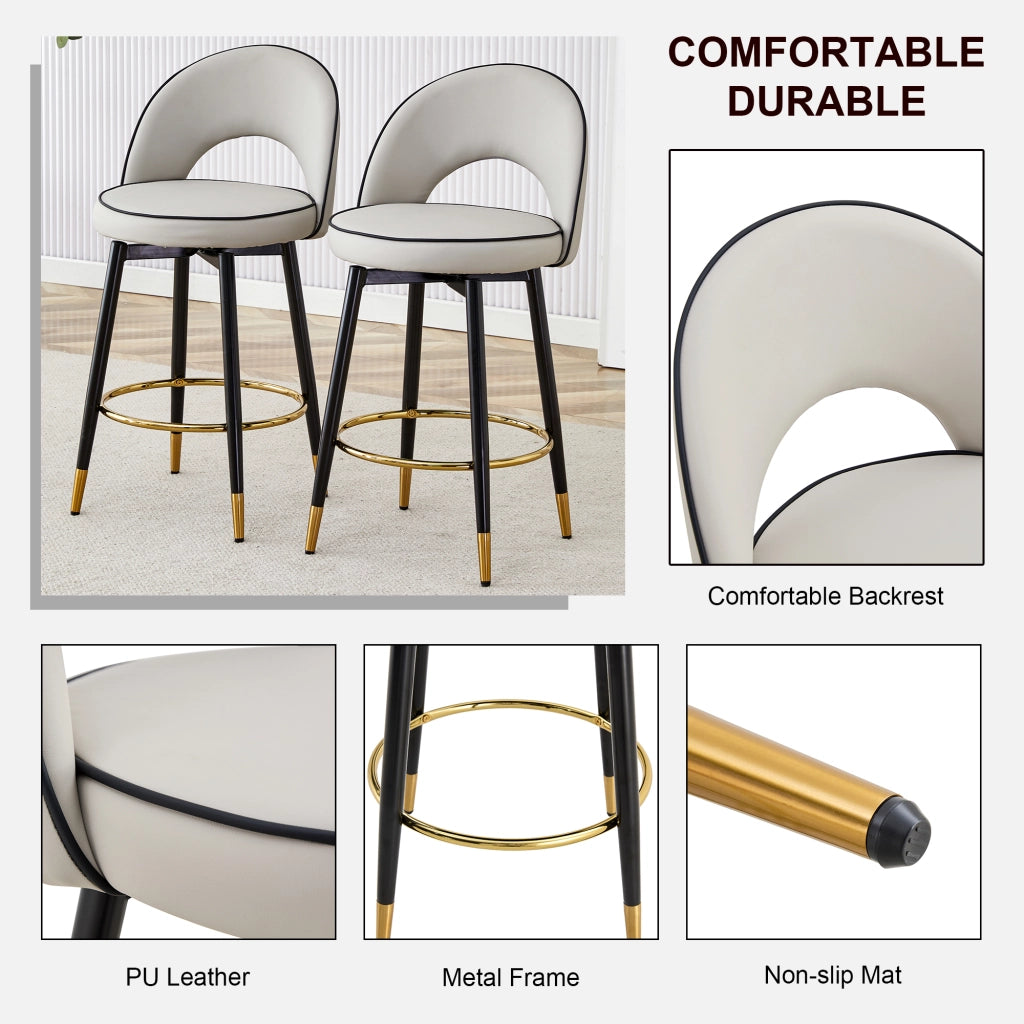 Sgabello da bar girevole a 360° in PU grigio e bianco con dettagli dorati e struttura in metallo set da 2