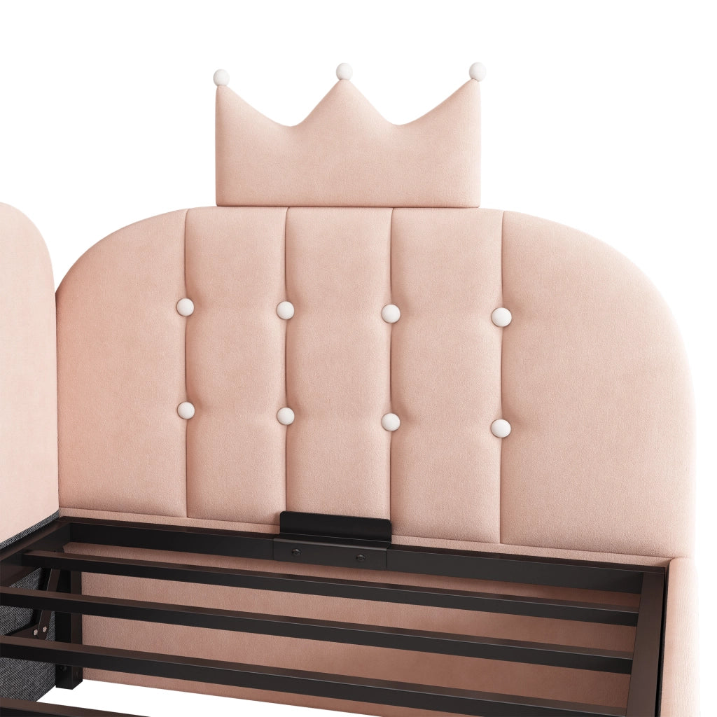 Letto singolo a divano 90 × 200 cm con contenitore idraulico in velluto rosa design corona e griglia