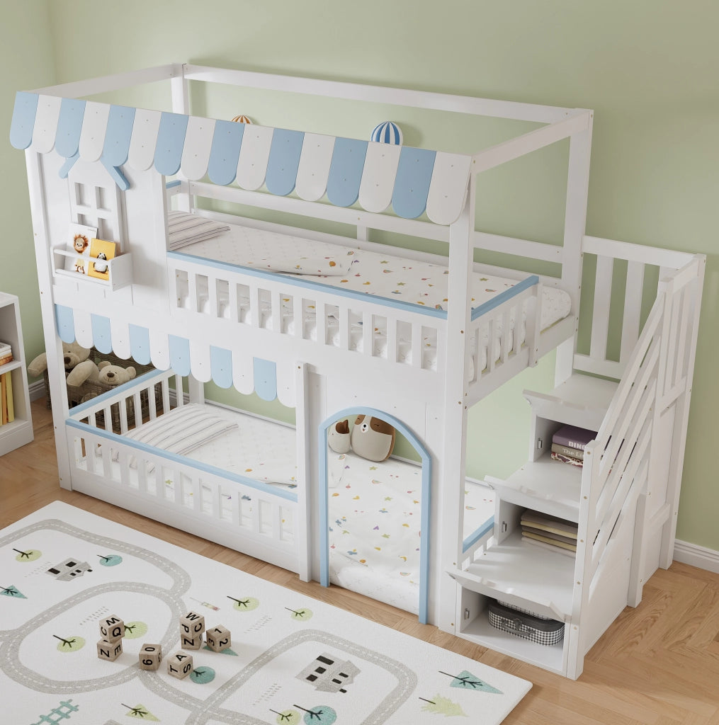 Letto a castello per bambini con scala contenitore e protezioni