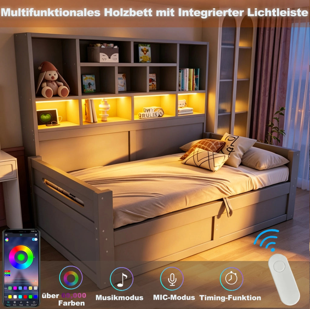 Letto singolo multifunzione 90x200 cm con contenitore idraulico, illuminazione LED e presa elettrica, grigio