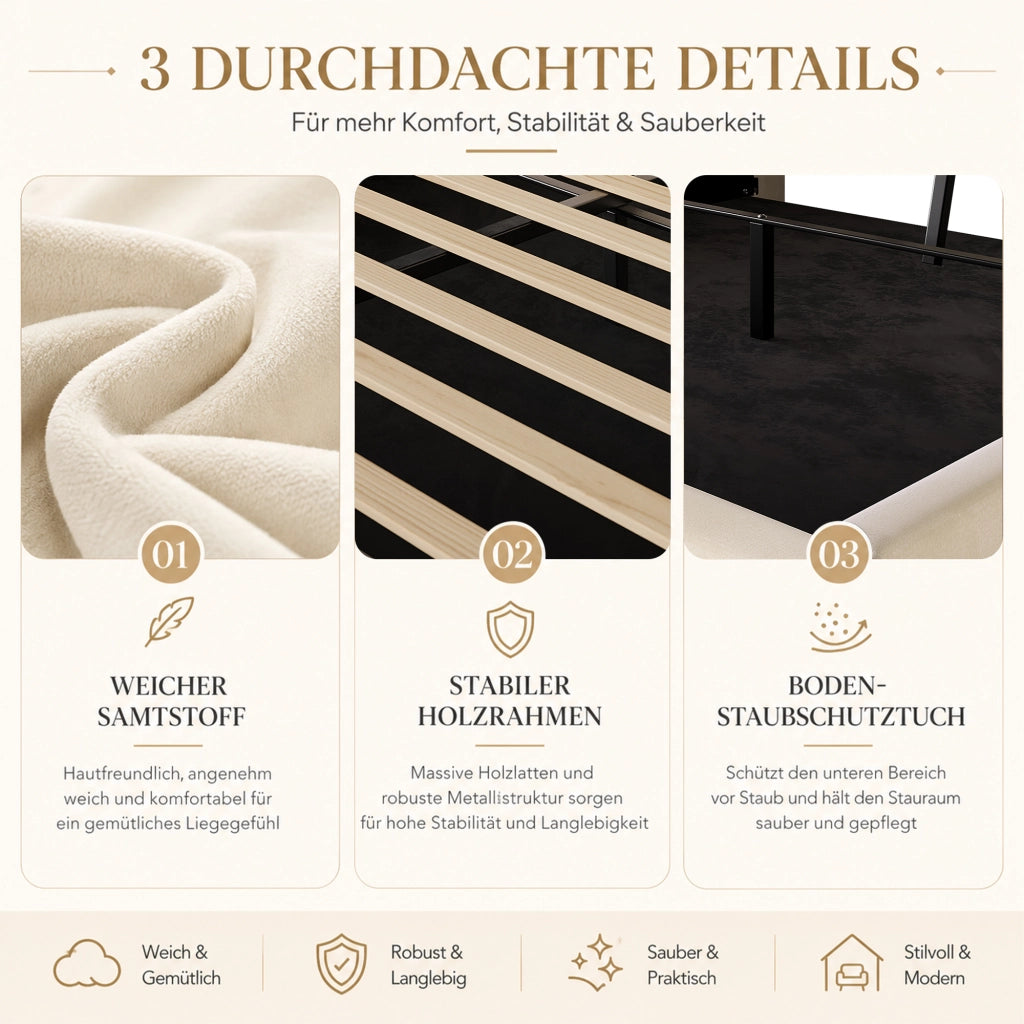 Letto contenitore 180 × 200 cm con testiera multifunzione LED USB e Type-C rivestito in velluto beige