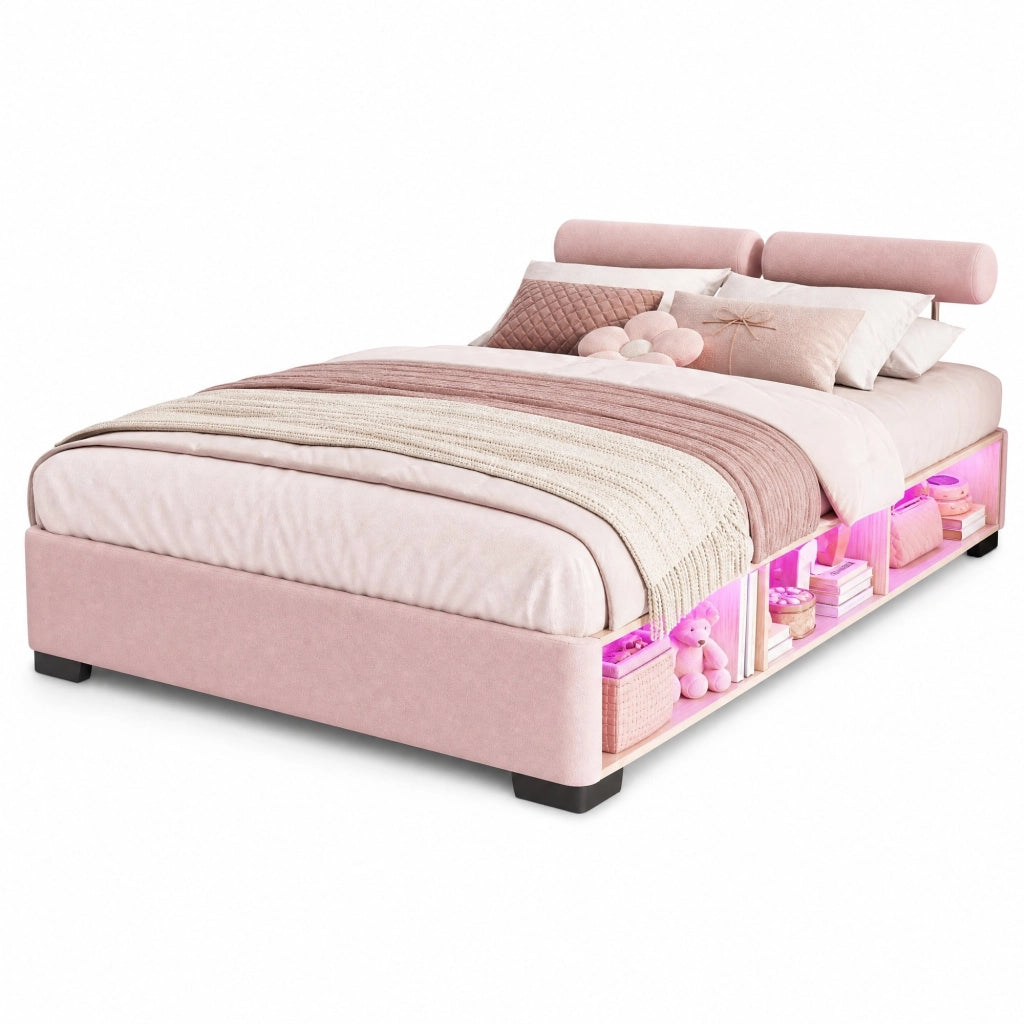 Letto imbottito rosa 140x200 cm per bambini con LED e ripiano laterale