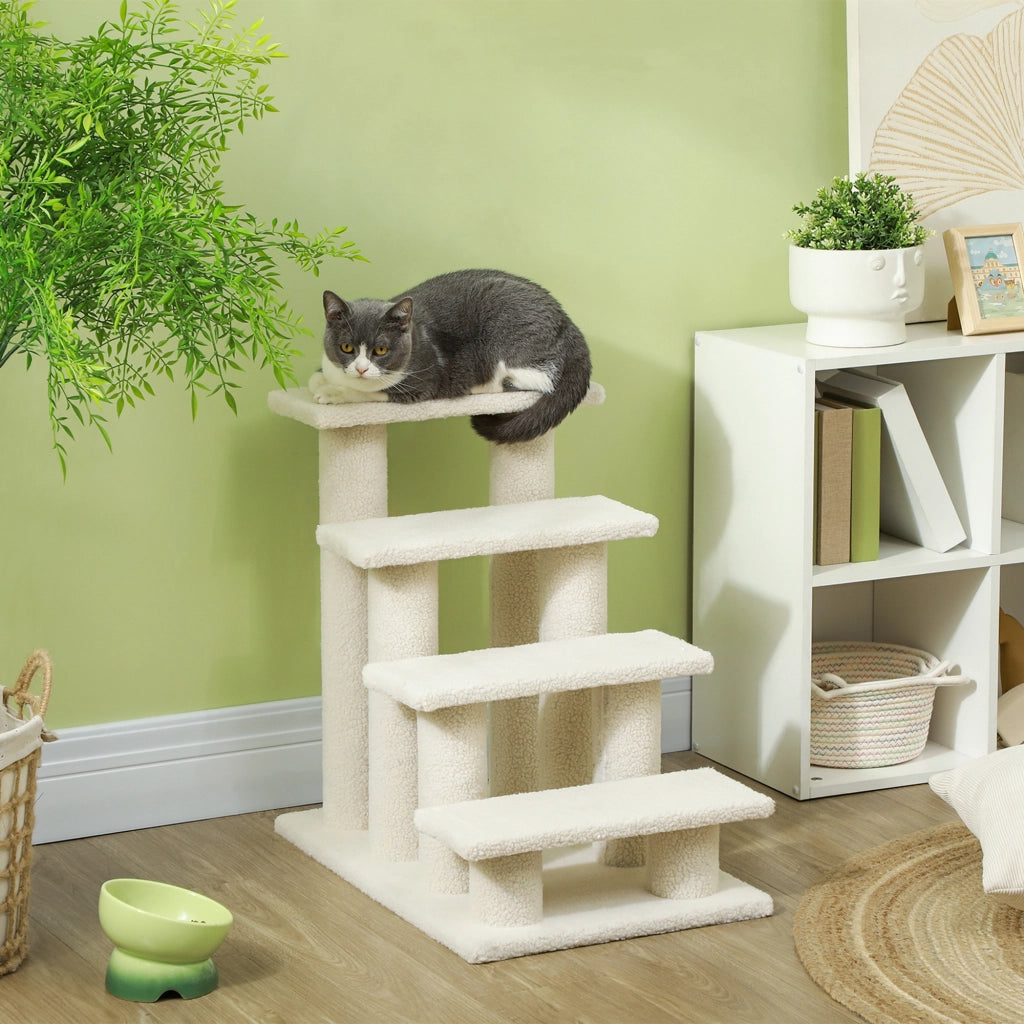 Scala per animali a 4 gradini con tiragraffi in peluche color crema per cani e gatti 63.5 × 43 × 60 cm