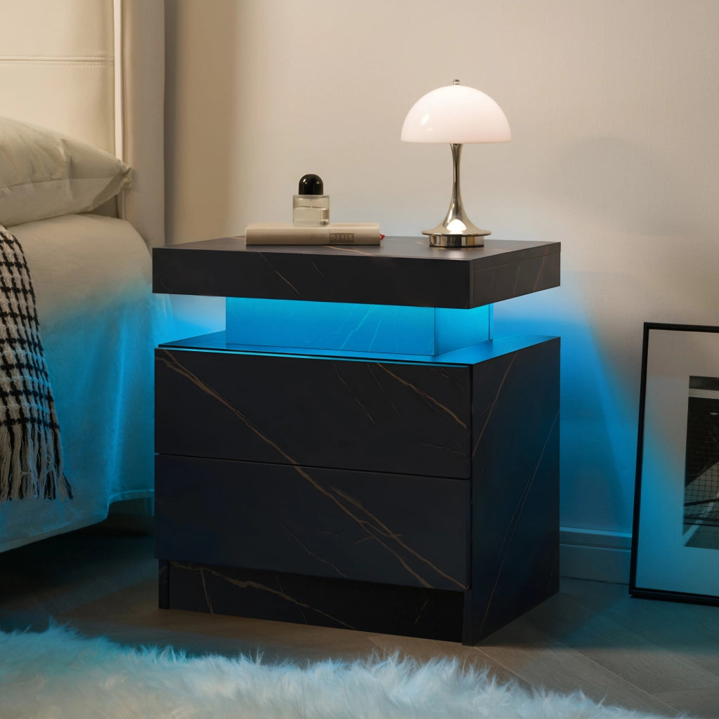 Comodino Moderno con Luci LED Regolabili e 2 Cassetti, Nero e Oro