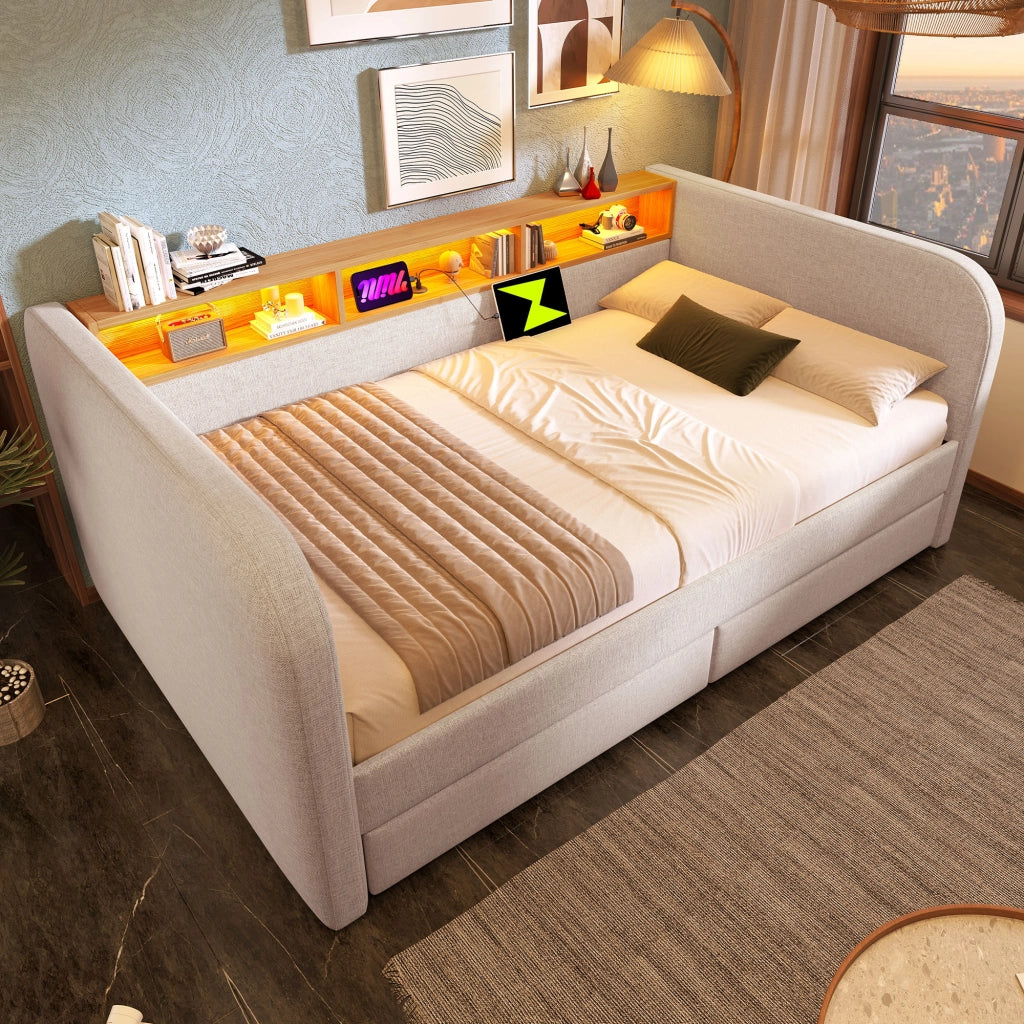 Letto imbottito 140 ¡Á 190 cm con testiera LED porte USB e Type-C due cassetti in lino beige chiaro senza materasso