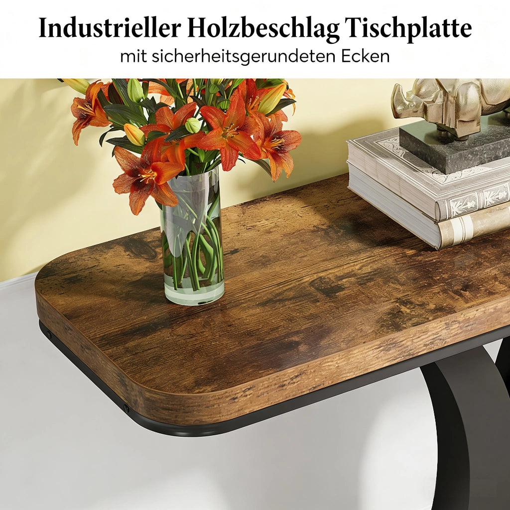 Consolle industriale con piano curvo effetto legno e base in metallo nero marrone rustico 100 × 29.5 cm