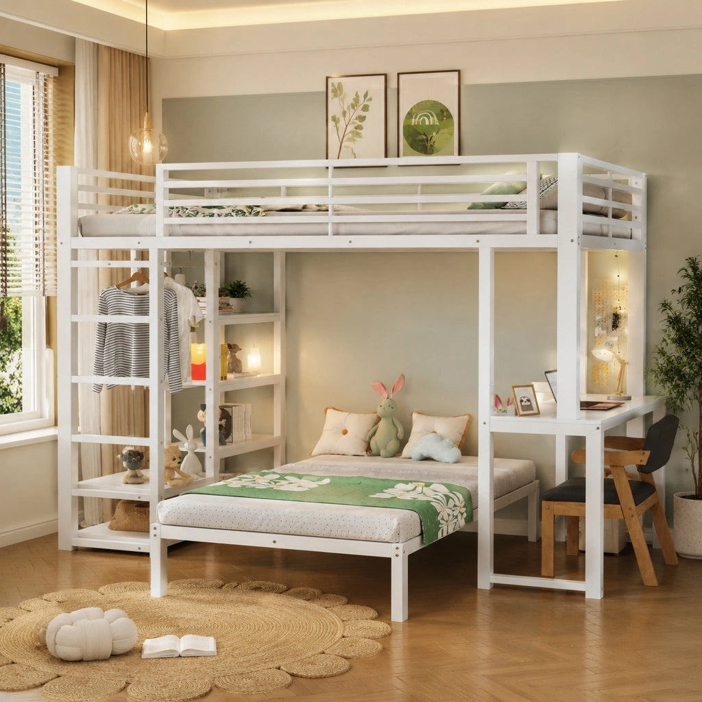 Letto a castello 90 x 200 cm, struttura in metallo, con scrivania, presa di ricarica, 4 ripiani portaoggetti, bianco