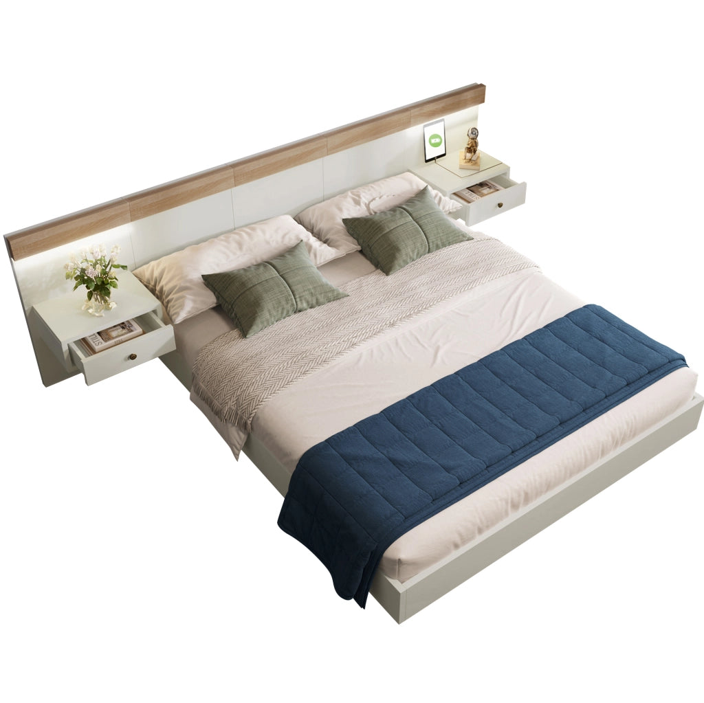 Letto Matrimoniale 140x200 cm con 2 Comodini LED, Porta USB-C e Presa Europea in Sonoma Quercia/Bianco