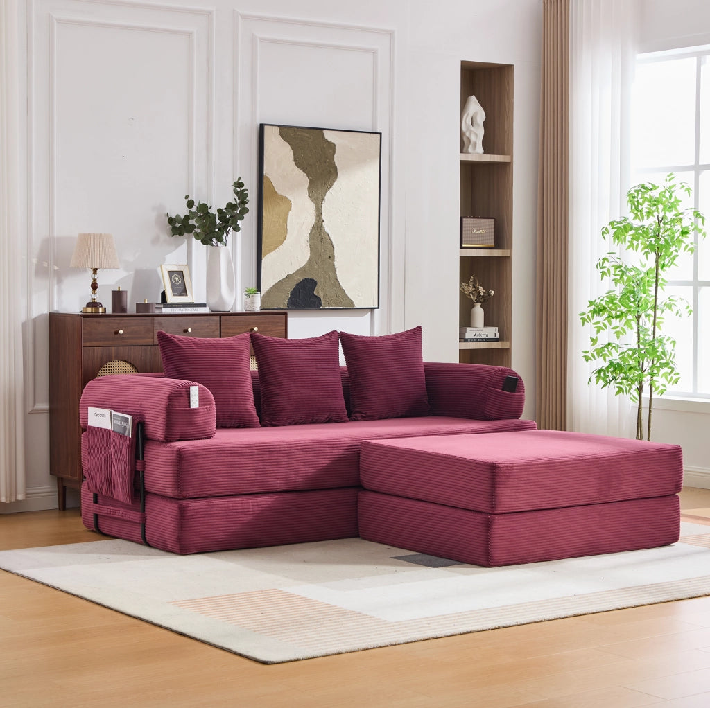 Divano modulare con pouf in velluto a coste; struttura in metallo e tasca laterale; rosso vino