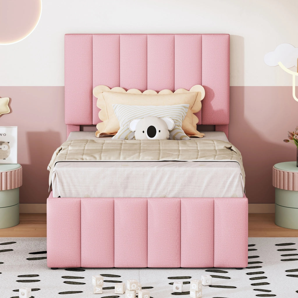 Letto con letto estraibile 90 × 200 cm con letto supplementare 90 × 190 cm e 3 cassetti rivestito in lino rosa