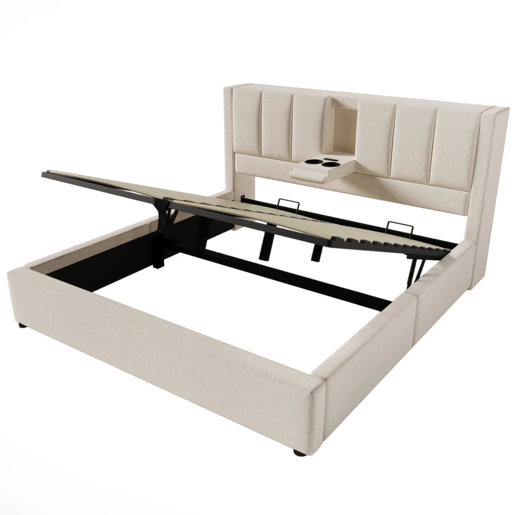 Letto matrimoniale 180x200 cm in lino beige con contenitore; testiera con portabicchieri e stazione di ricarica