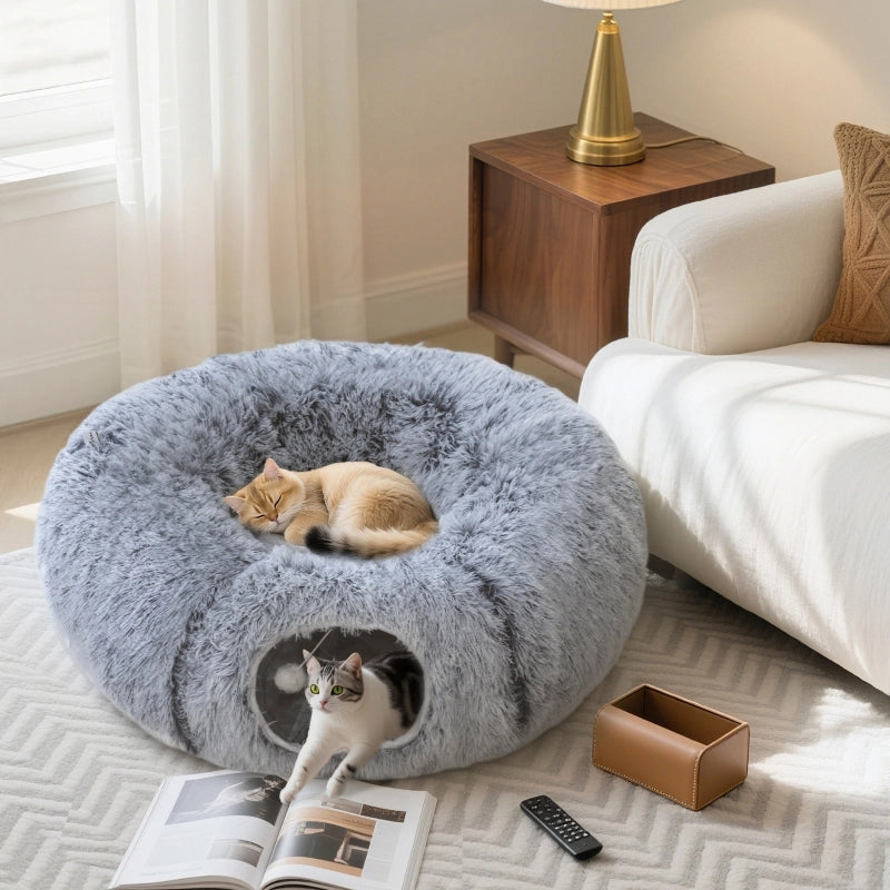 Tunnel per gatti, tessuto felpato, cuscino, pieghevole, struttura in metallo, cuccia per gatti, grigio chiaro