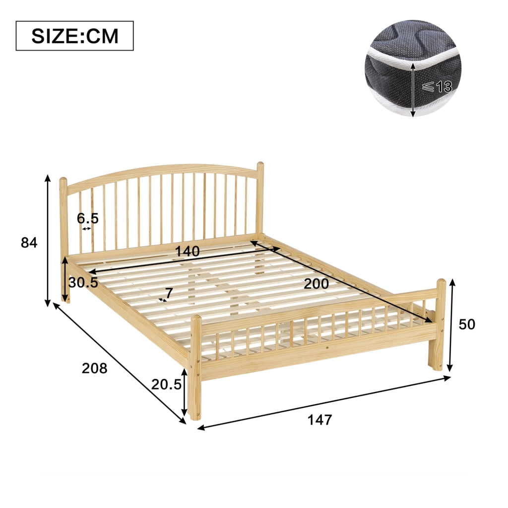 Letto 140x200 cm in legno massello di pino con rete a doghe beige e naturale