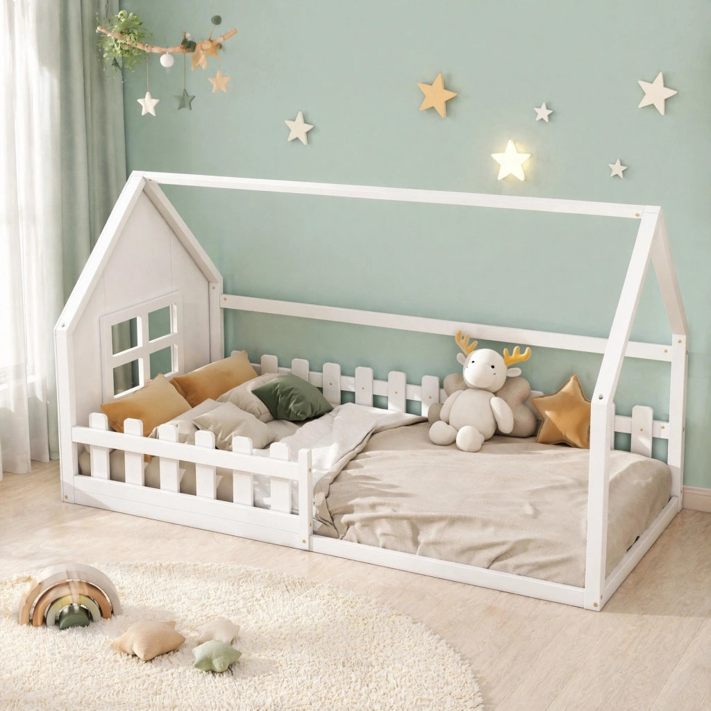 Letto a casetta 90 × 200 cm per bambini con rete a doghe in legno di pino e MDF bianco struttura bassa