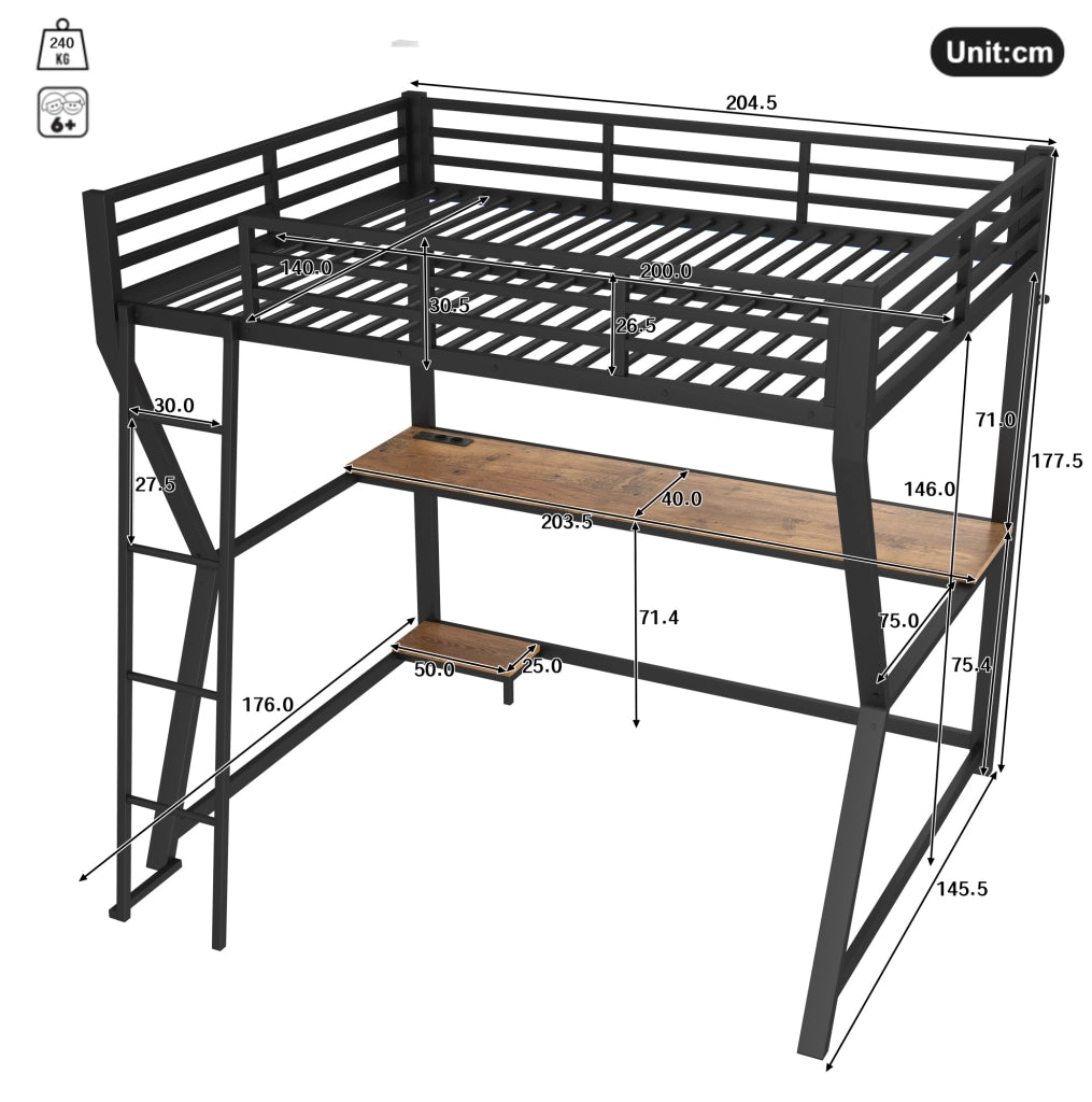 Letto a soppalco 140x200 cm con struttura in ferro, mensola computer, scrivania, LED, prese e USB, scala e ringhiera, nero, senza materasso