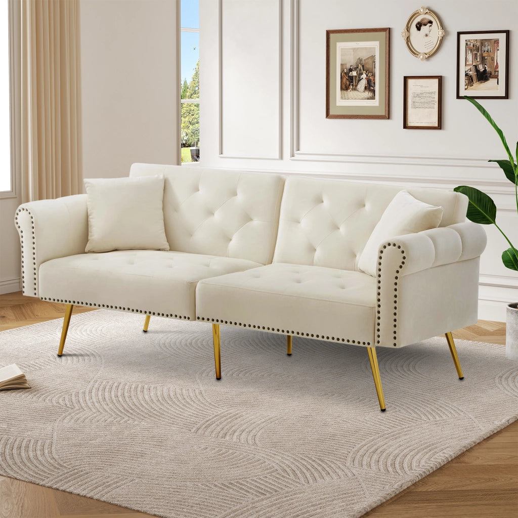 Divano letto 2 posti con schienali regolabili in 3 posizioni rivestimento in velluto beige piedi in metallo dorato