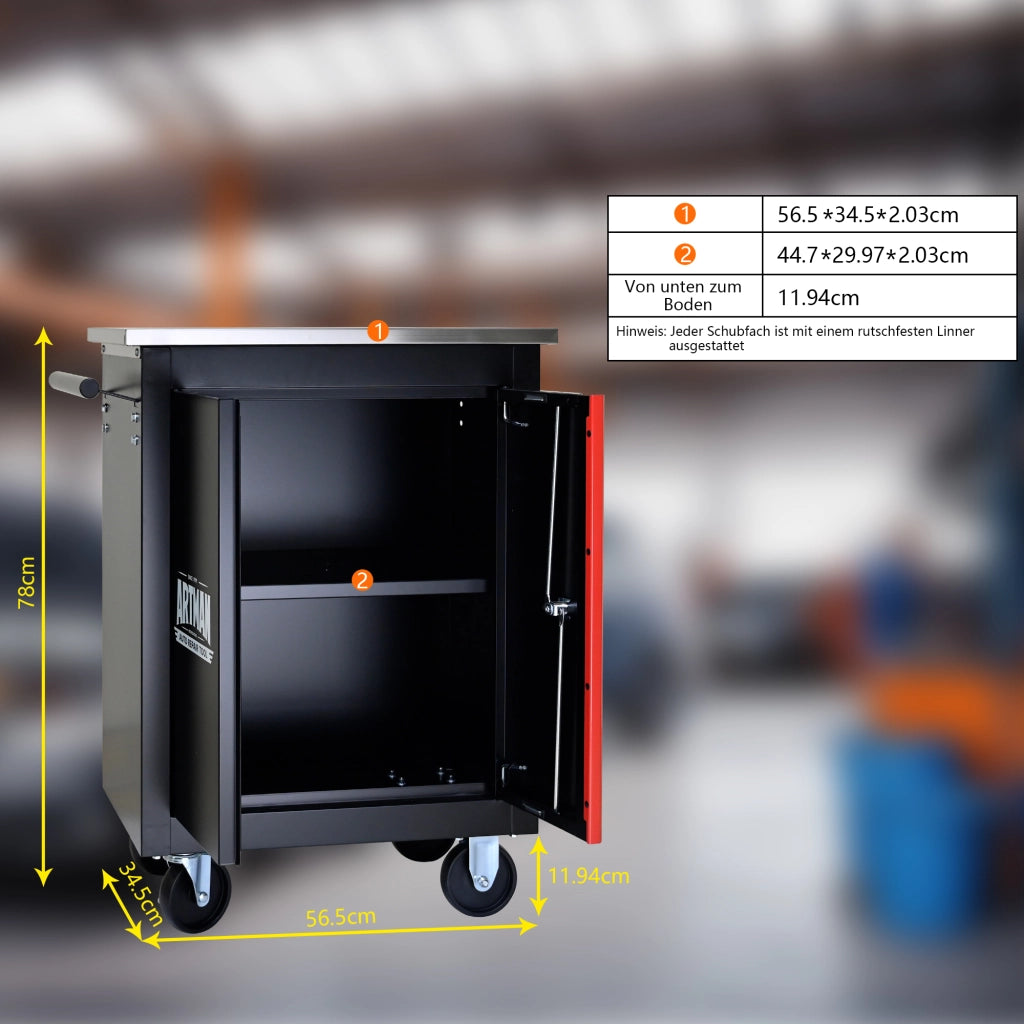 Carrello portautensili due ante con serratura; 4 ruote e ripiano removibile in acciaio nero e rosso 62.5 × 34.5 × 78 cm