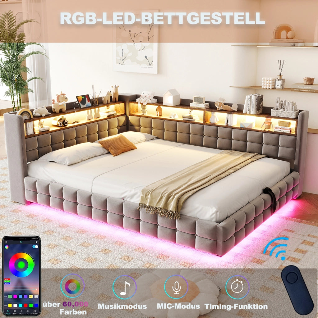 Divano letto imbottito ULEVR 140x200 cm con vano idraulico, LED, presa USB e Type-C, velluto grigio chiaro