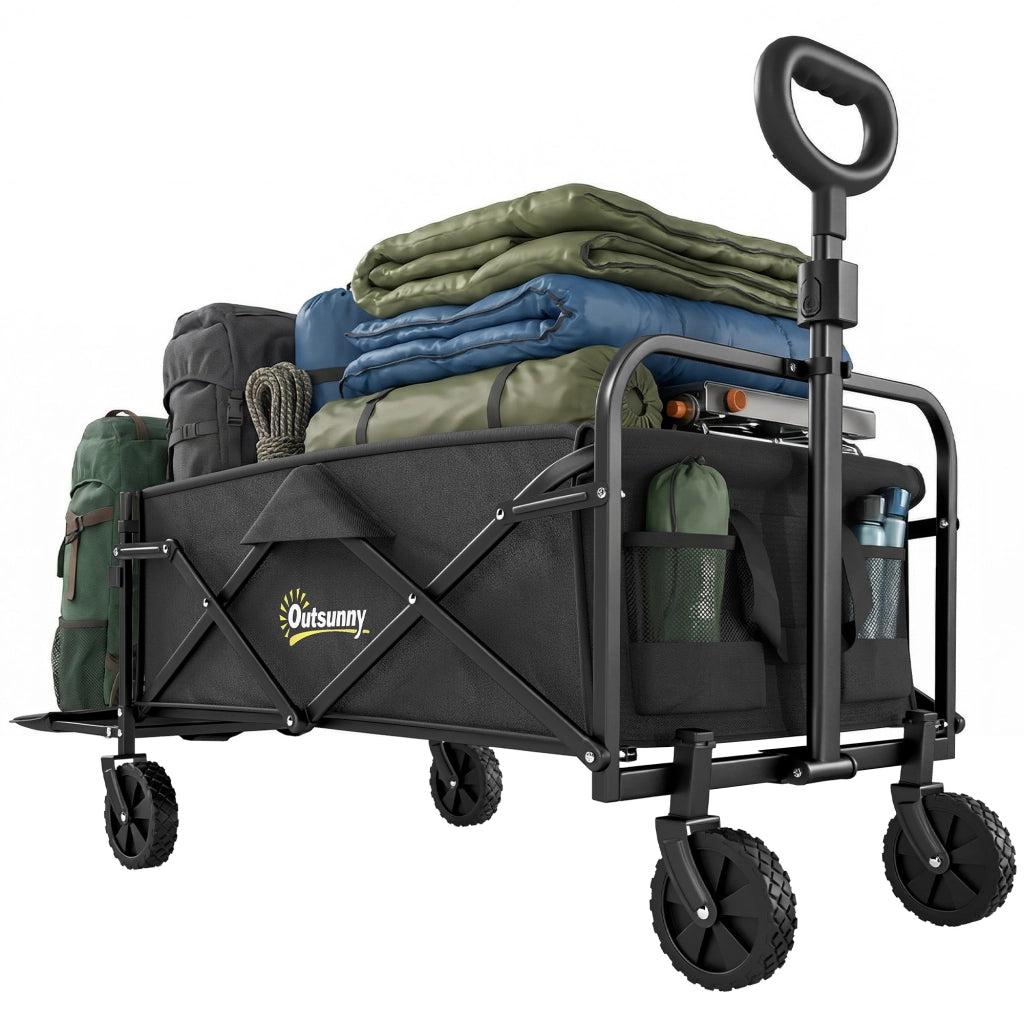 Carrello da Giardino 72L Pieghevole con Manico Regolabile, in Acciaio e Tessuto Oxford, 114x46x92 cm, Nero
