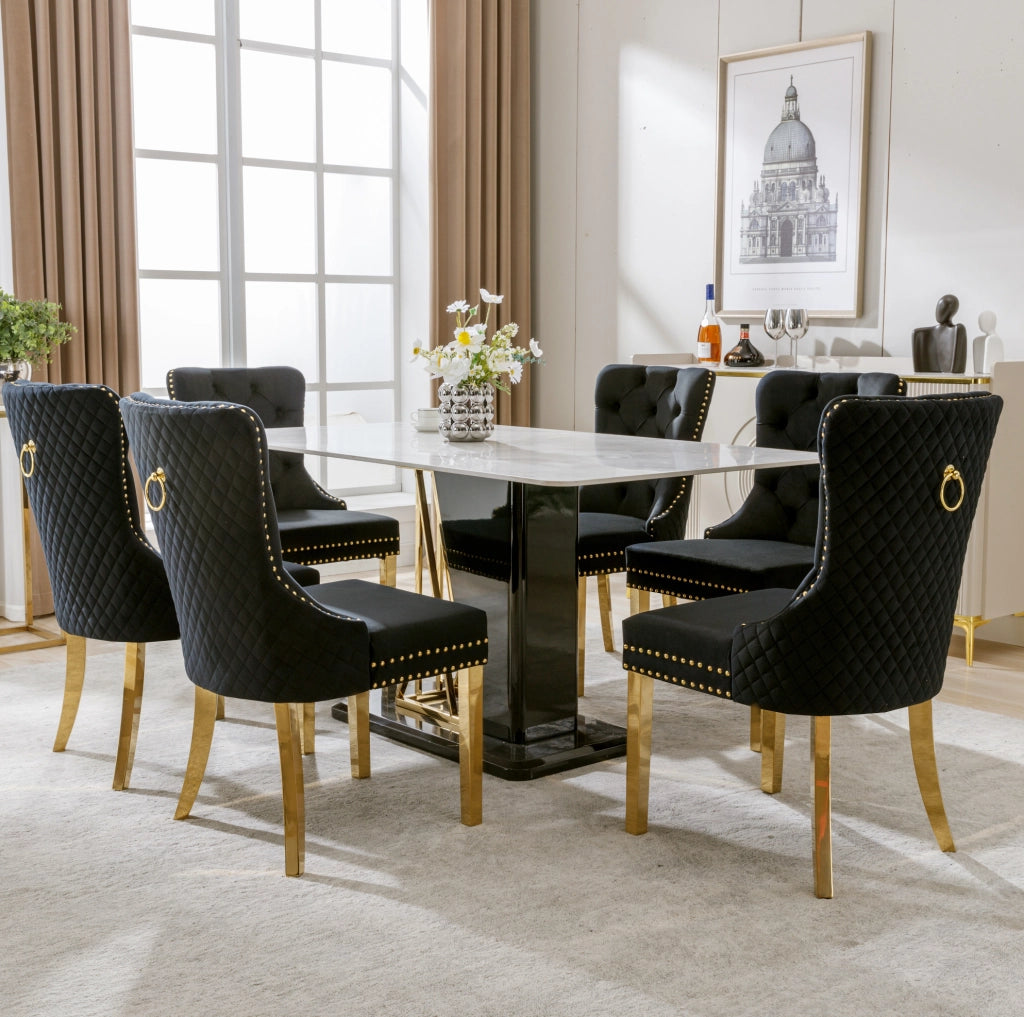 Set di 6 sedie da pranzo in velluto nero con gambe in acciaio inox dorato 50;5x45x95 cm