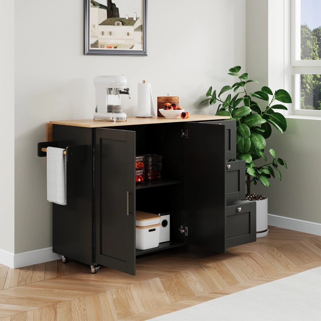 Carrello da cucina pieghevole con 3 cassetti e 2 ante; MDF; nero e naturale; 135 × 44/70 × 90 cm