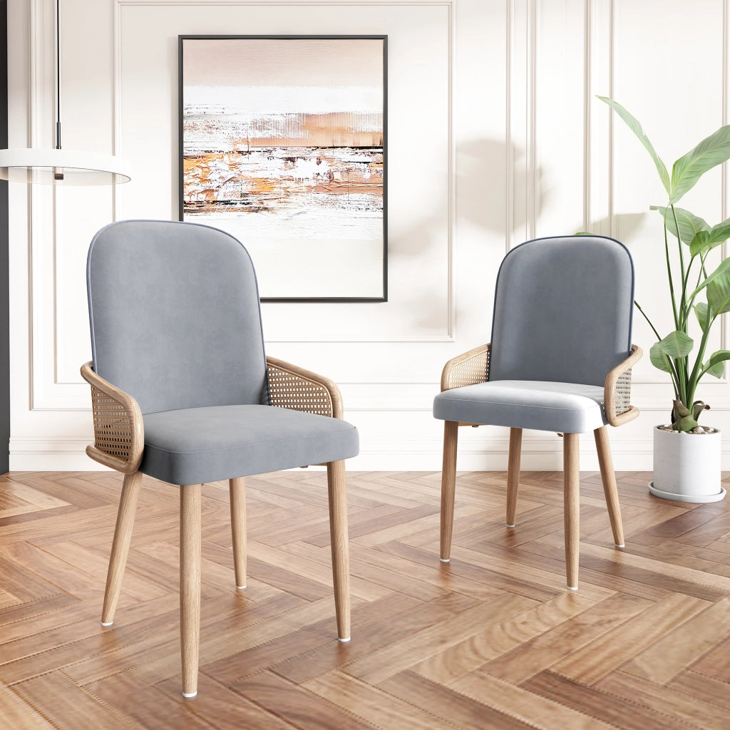 SEDIA da pranzo in velluto e rattan, set da 6 pezzi, grigio
