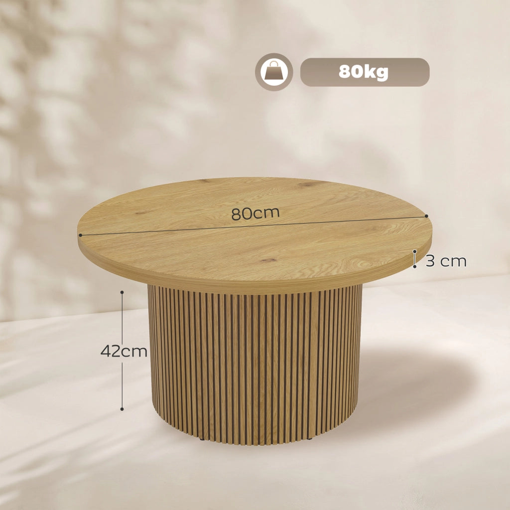 Tavolino da salotto rotondo effetto legno naturale con base scanalata, tavolo basso moderno e robusto per soggiorno