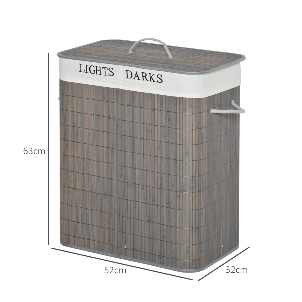 Cesto porta biancheria in bambù 100L con 2 scomparti, coperchio pieghevole con maniglia, sacco interno estraibile e lavabile, grigio