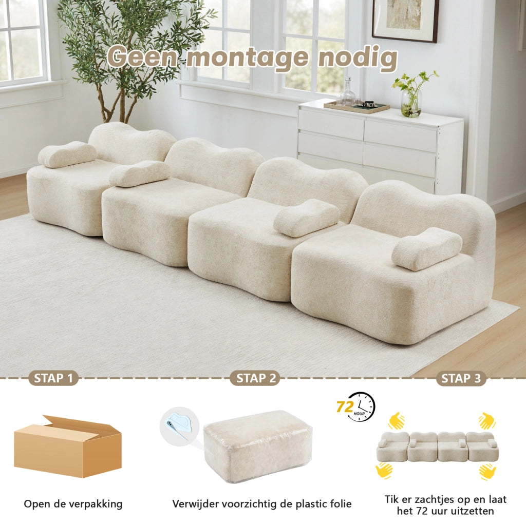 Divano modulare 2 posti con 2 pouf, schiuma ad alta densità 32D, rivestimento in velluto beige, ideale per soggiorno e appartamenti