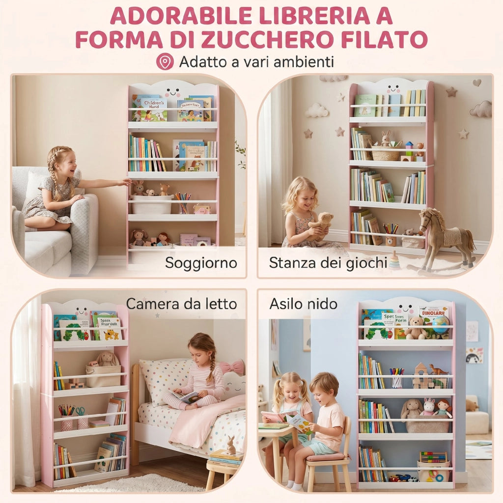 Libreria Montessoriana per Bambini 3-6 Anni con Tema Zucchero Filato, 4 Ripiani in Legno, per Cameretta, Rosa