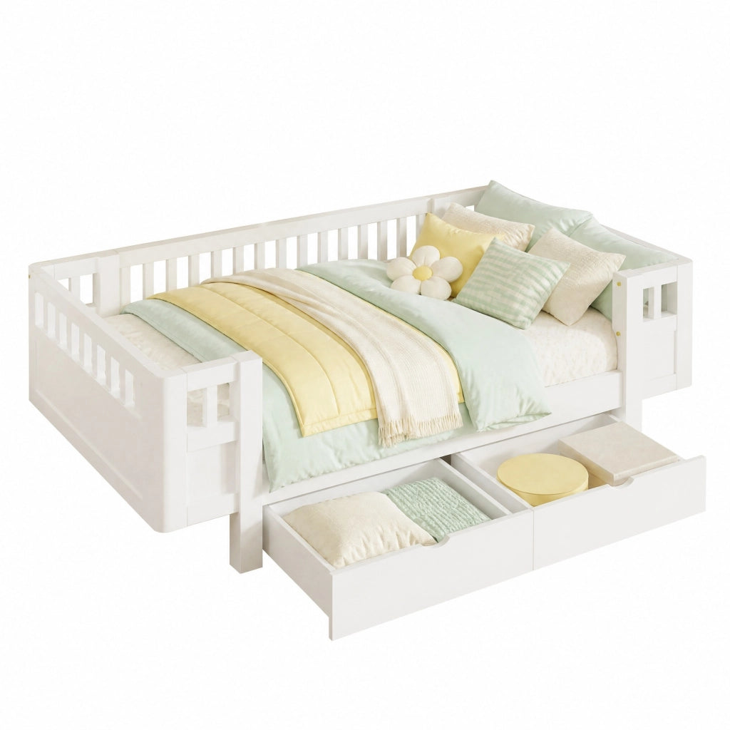 Letto per bambini 90 × 200 cm con barriera alta e 2 cassetti estraibili, senza materasso, in legno massello e MDF bianco