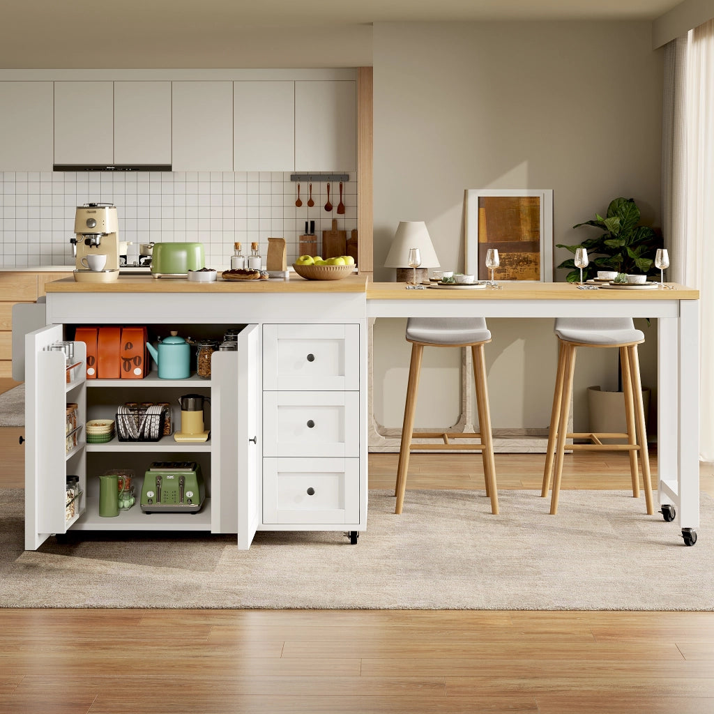 Isola cucina estensibile con 3 cassetti; ripiani laterali snack e ruote; per cucina e sala da pranzo; 116 × 45 × 89 cm