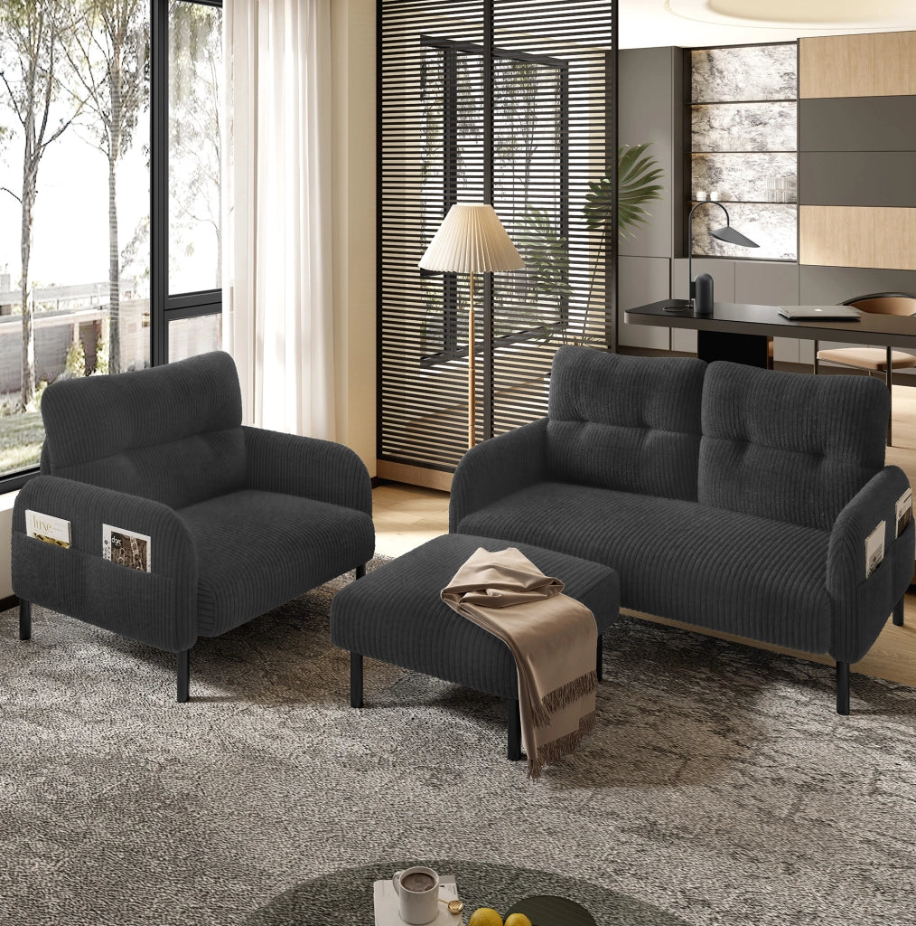 Divano 2 posti 120x75x79 cm in velluto a coste grigio con tasca laterale