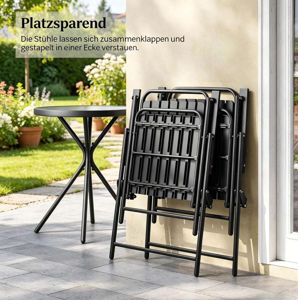 Set Mobili da Giardino 3 Pezzi in Metallo Nero con Tavolo in Vetro Temperato e 2 Sedie Pieghevoli