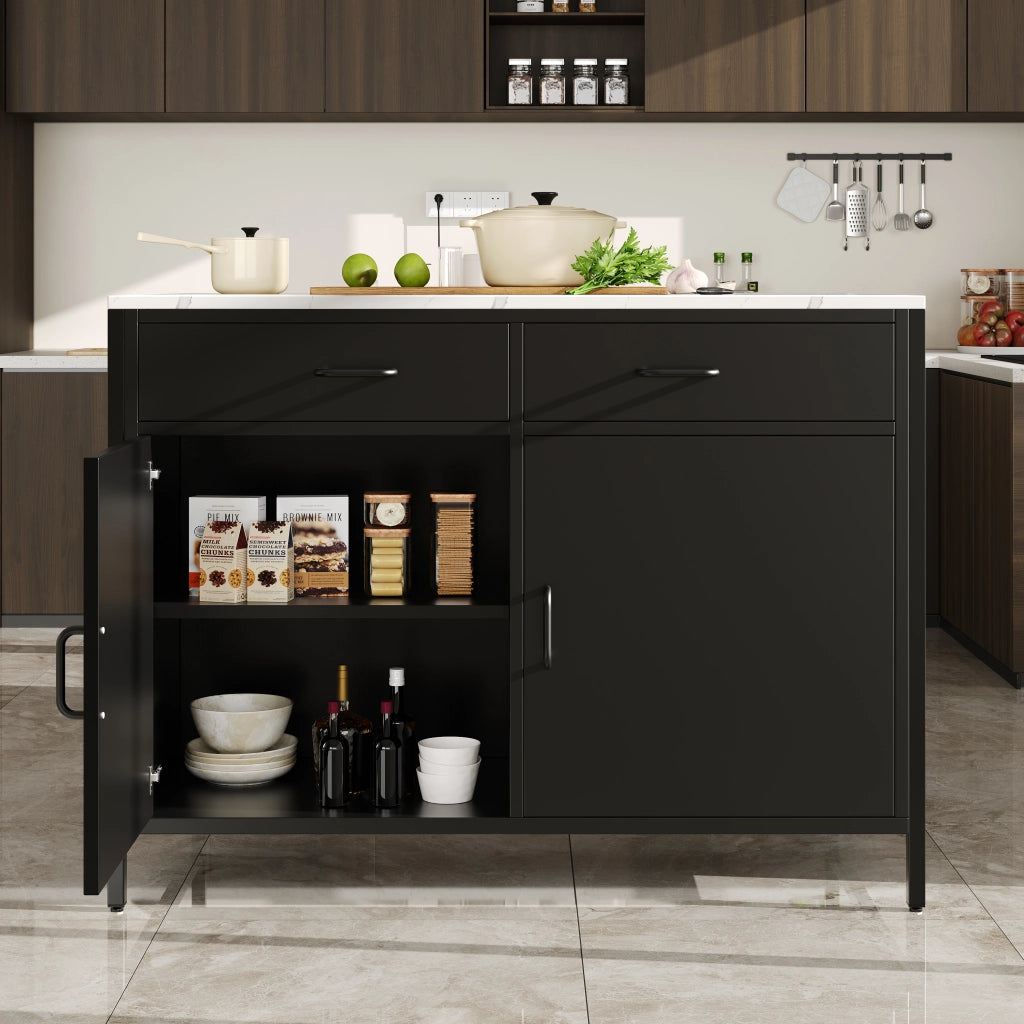 Stehtisch nero con piano effetto marmo, 100 x 90 x 90 cm, in MDF con gambe in ferro, con cassetti e vani regolabili