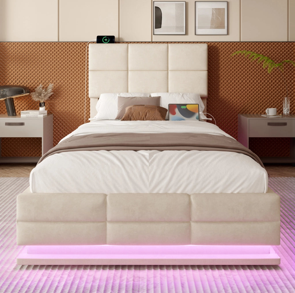 Letto matrimoniale 90x200 cm in velluto beige con LED; USB e contenitore