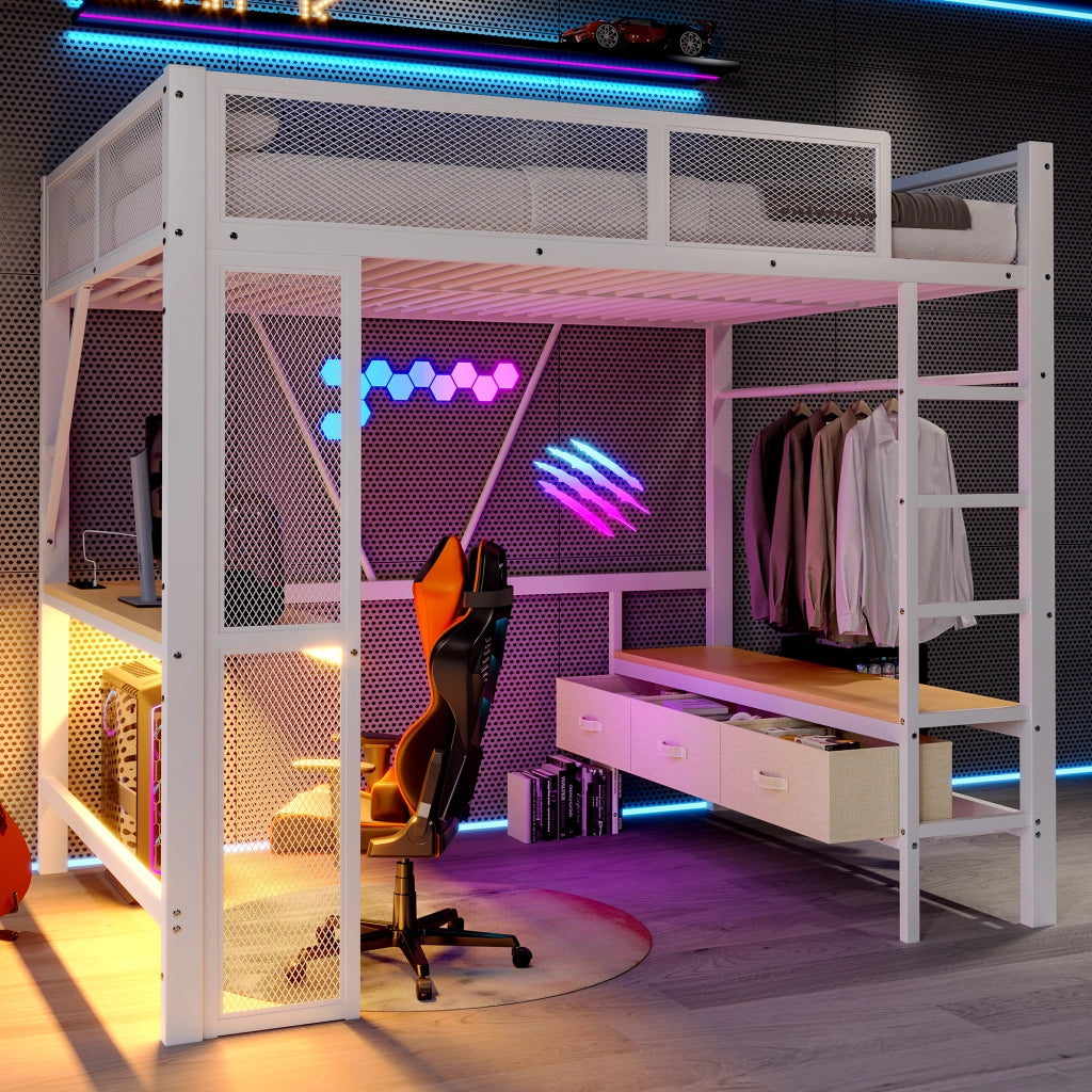 Letto a soppalco 90 ¡Á 200 cm con scrivania; armadio aperto; ripiani; LED e porte USB in legno bianco