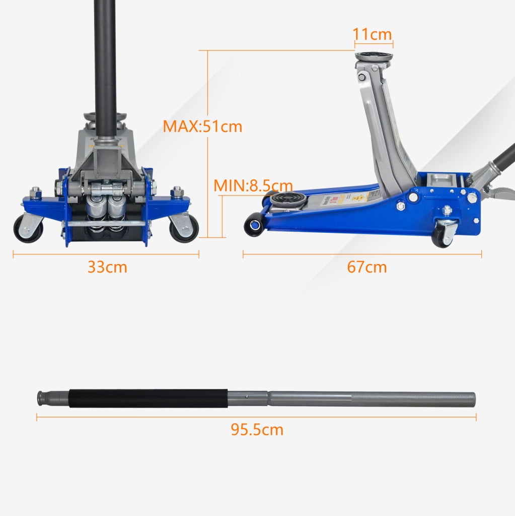 Cric idraulico a carrello ULEVR 3 t con doppia pompa e pedale, altezza 75-505 mm, blu e argento