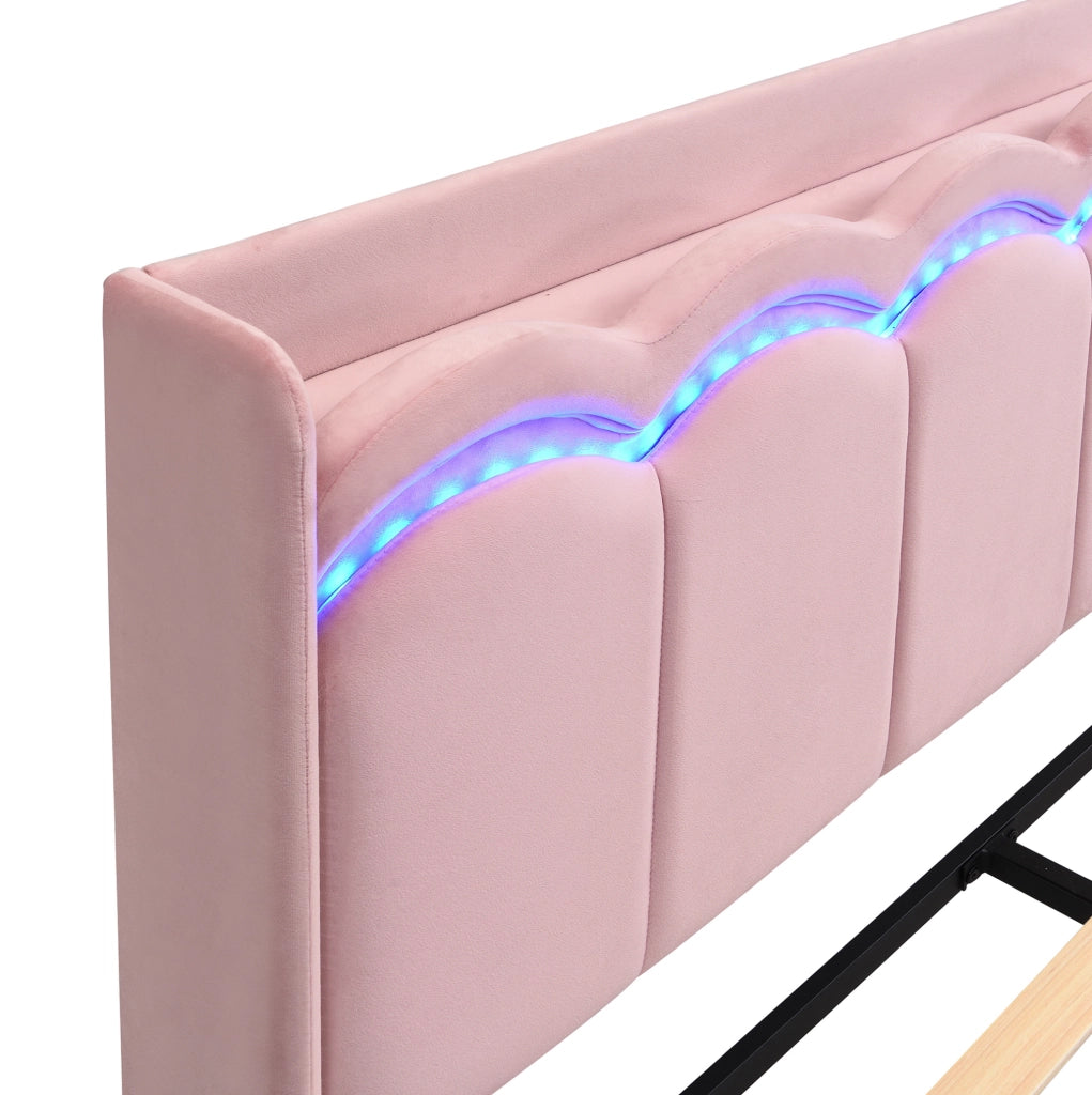 Letto imbottito per bambini 140x200 cm rosa con 2 cassetti, testata ondulata e illuminazione LED controllata via app
