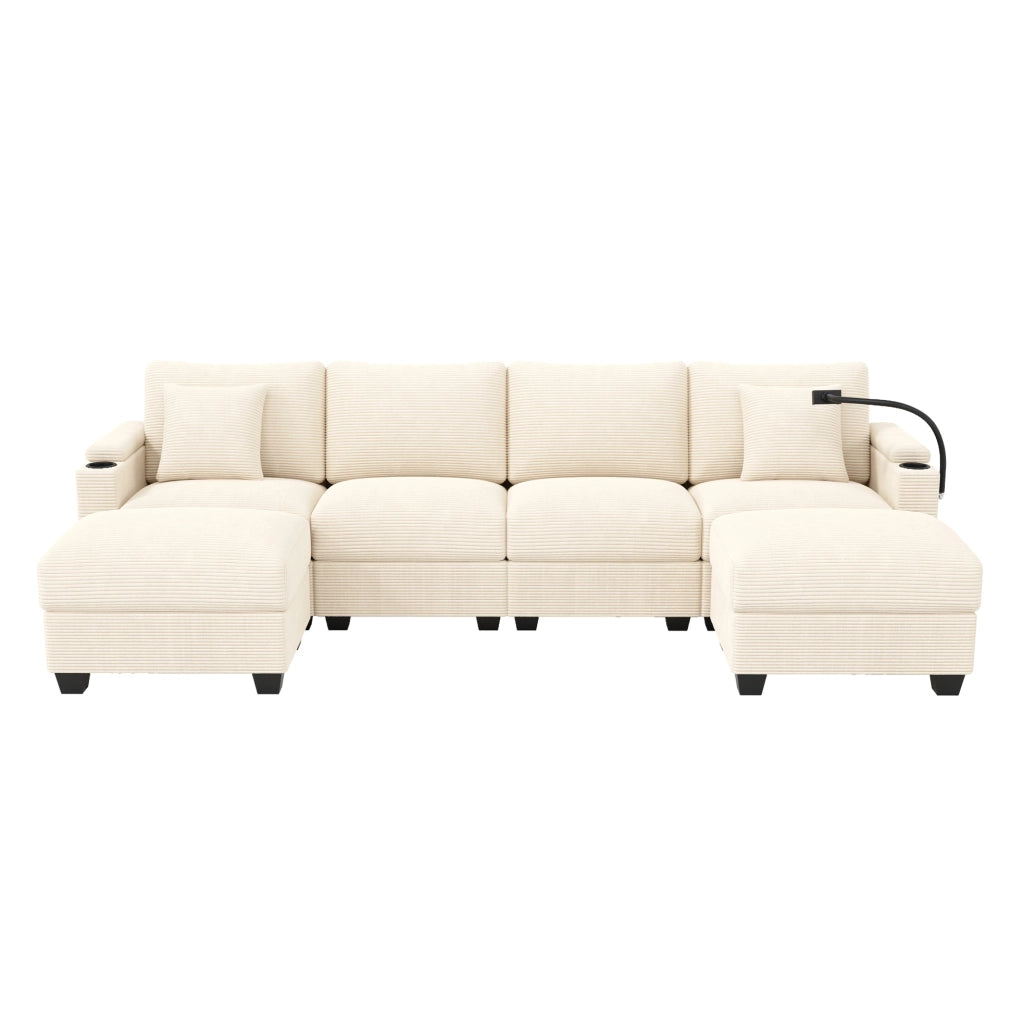 Divano modulare a U 275,5x139x87 cm in velluto a coste beige con vano