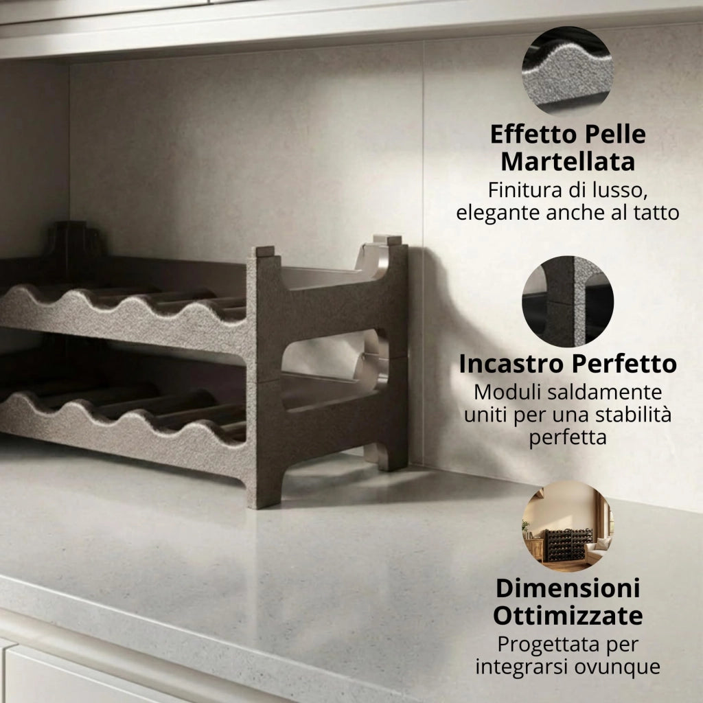 CookandSupply x TheWV Cantinetta Vino in Plastica Modulare Impilabile, Portabottiglie Effetto Pelle Martellata, 6 Bottiglie per Modulo, Scaffale Portavino Salvaspazio - Marrone Corten, 18